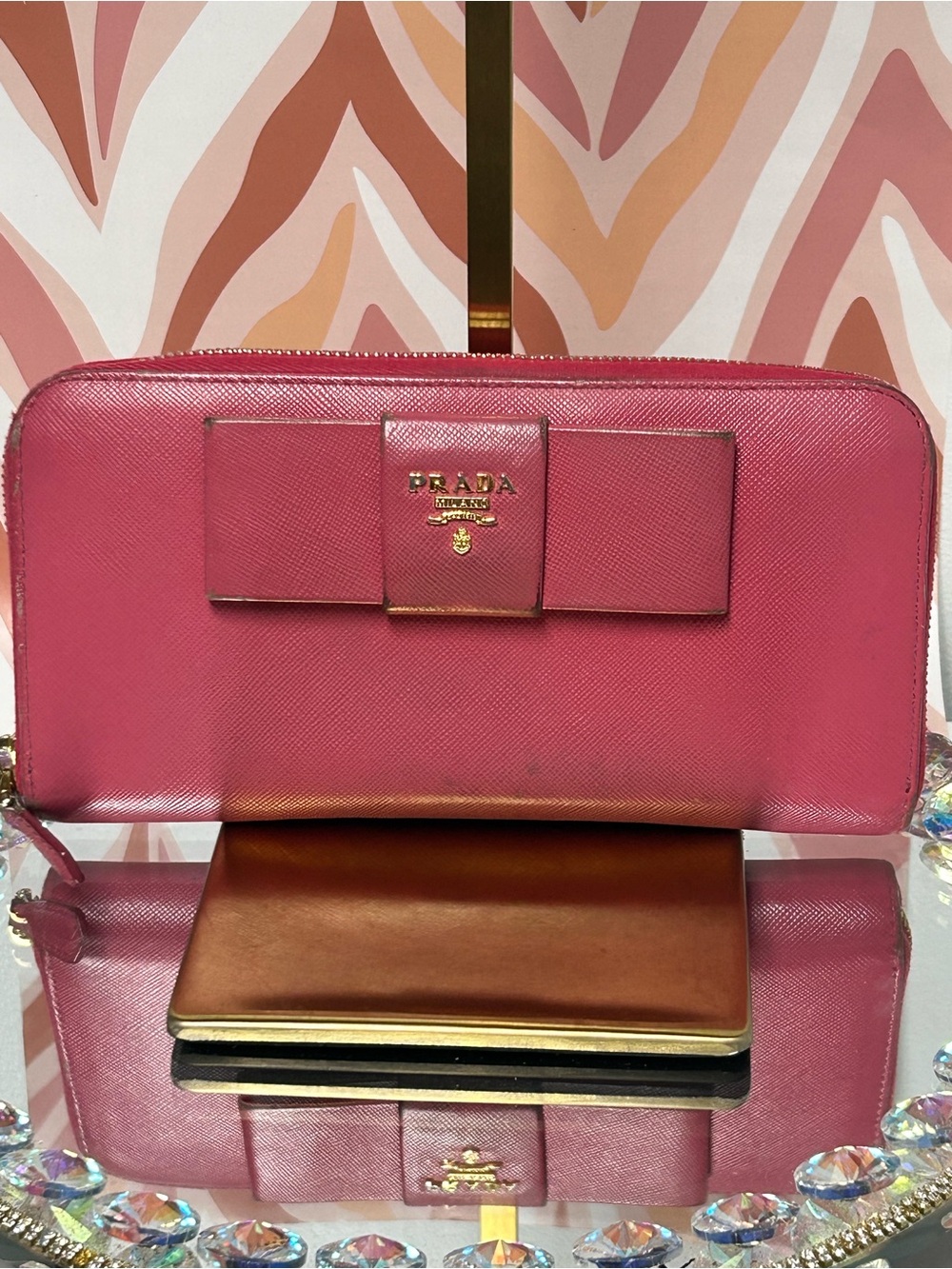 Prada Pink Saffiano Leather Bow Zip Wallet Approximately 8 x 4